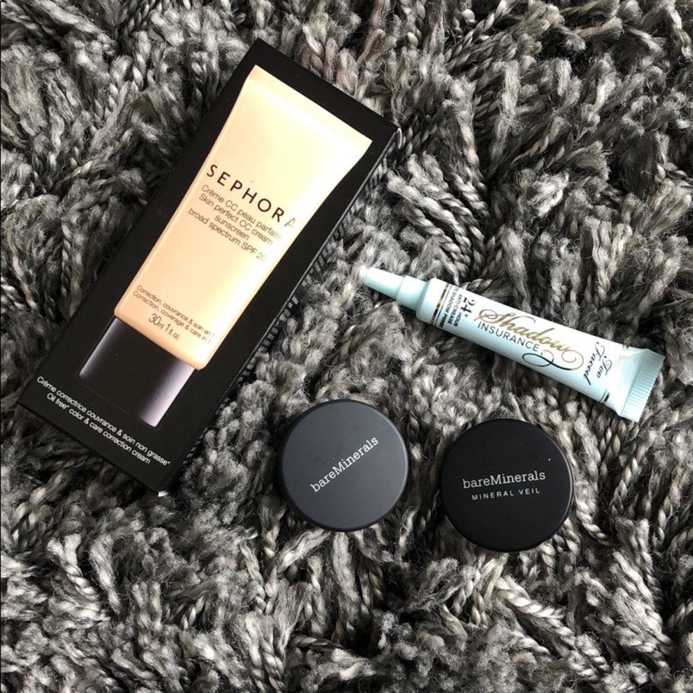 Sephora foundation, Too Faced primer, 2 eyeshadows